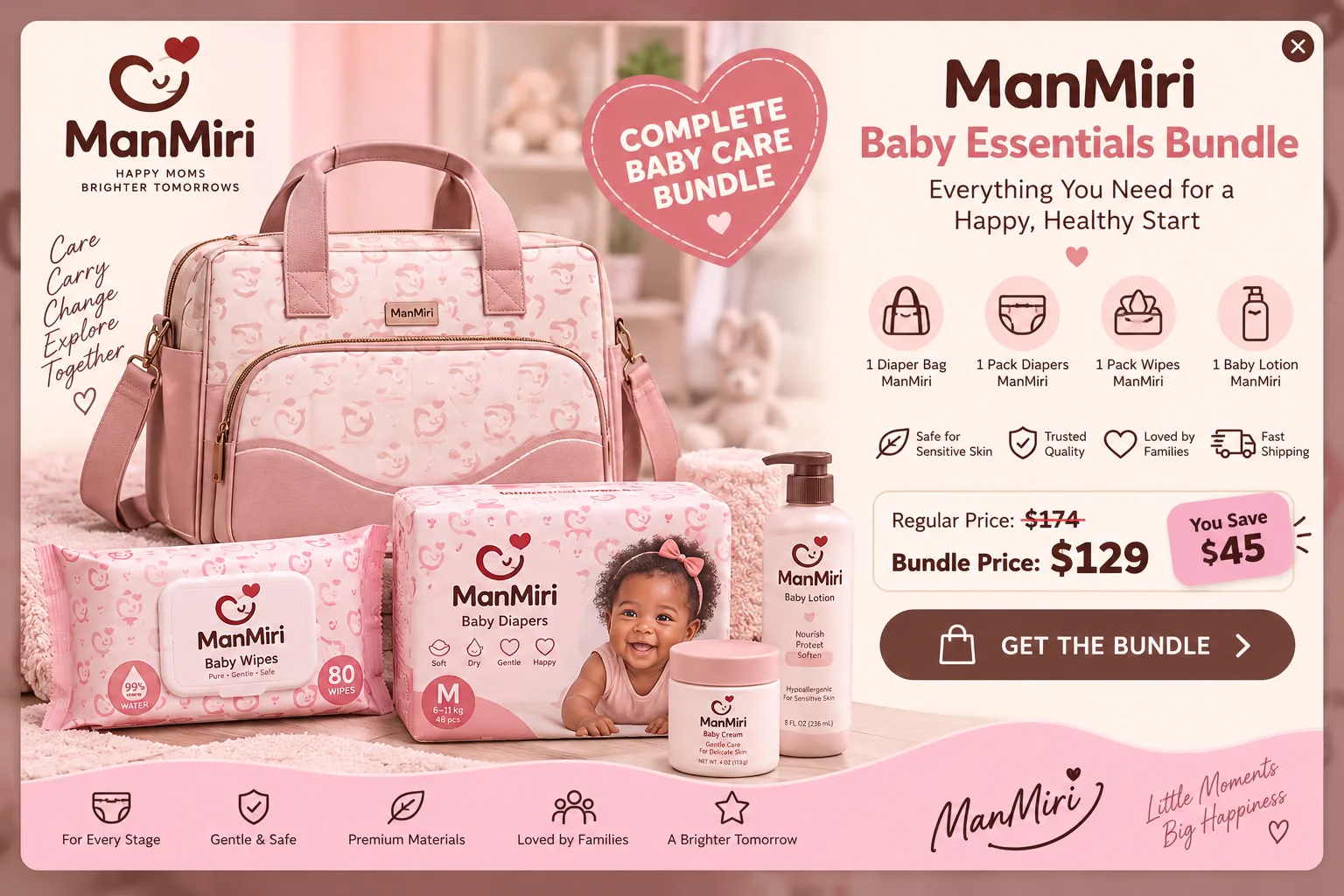 ManMiri Baby Essentials Bundle: diaper bag, diapers, wipes and baby lotion for $129